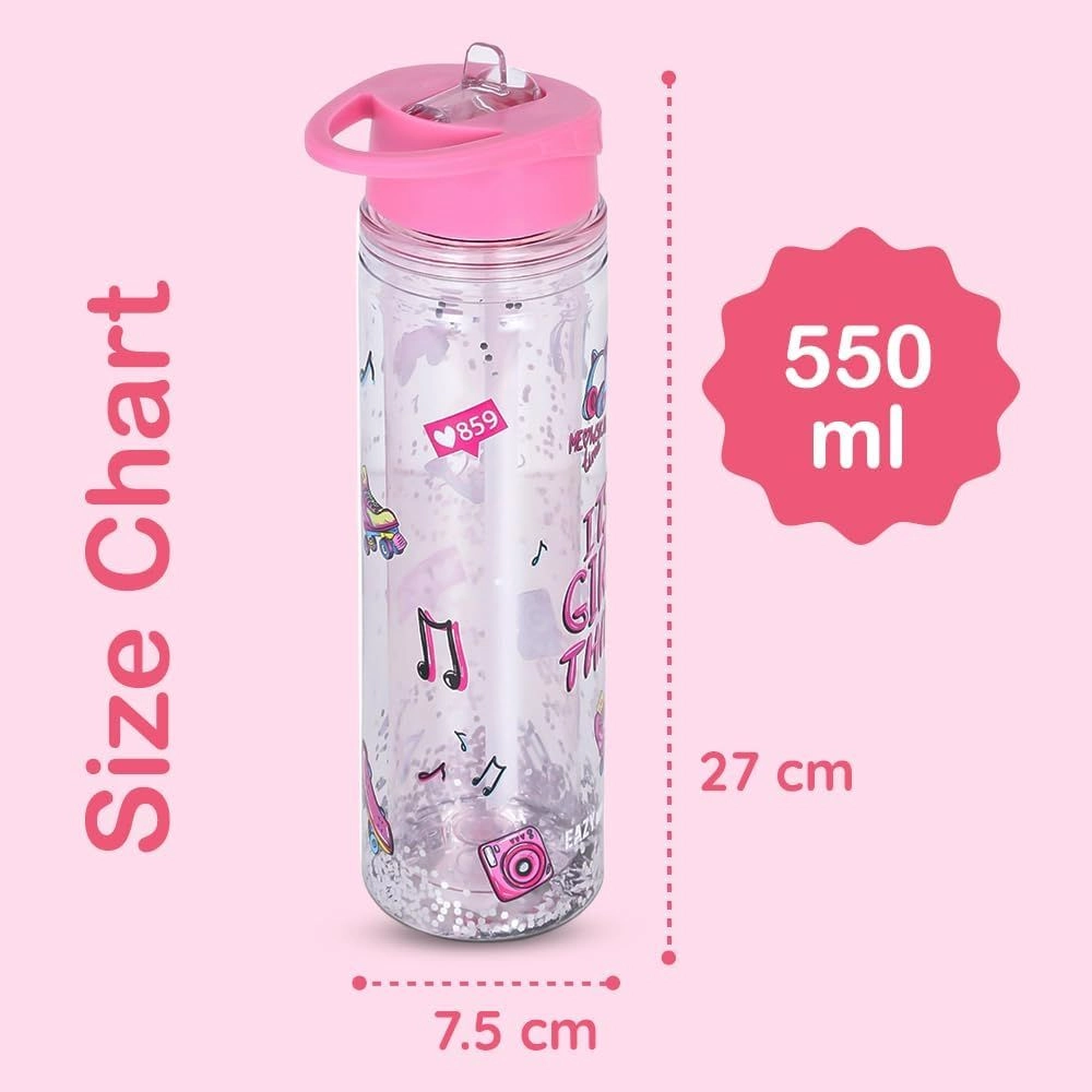 Bento Lunch Box - Glitter Pink + Water Bottle - 550 ml + Spoon + Fork + Cutlery Bag