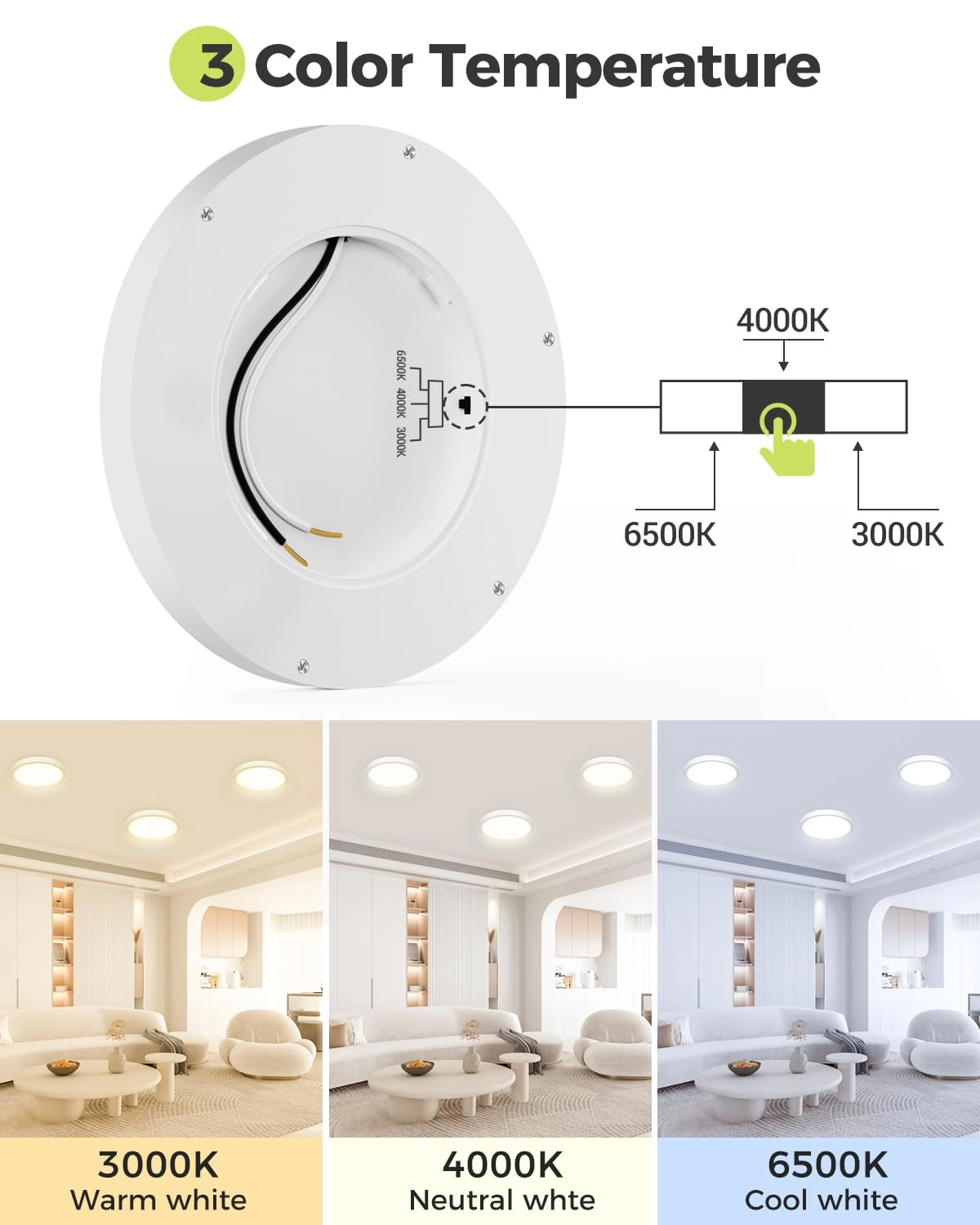 Flush Mount LED Ceiling Light - 3000K 4500K 6000K Dimmable