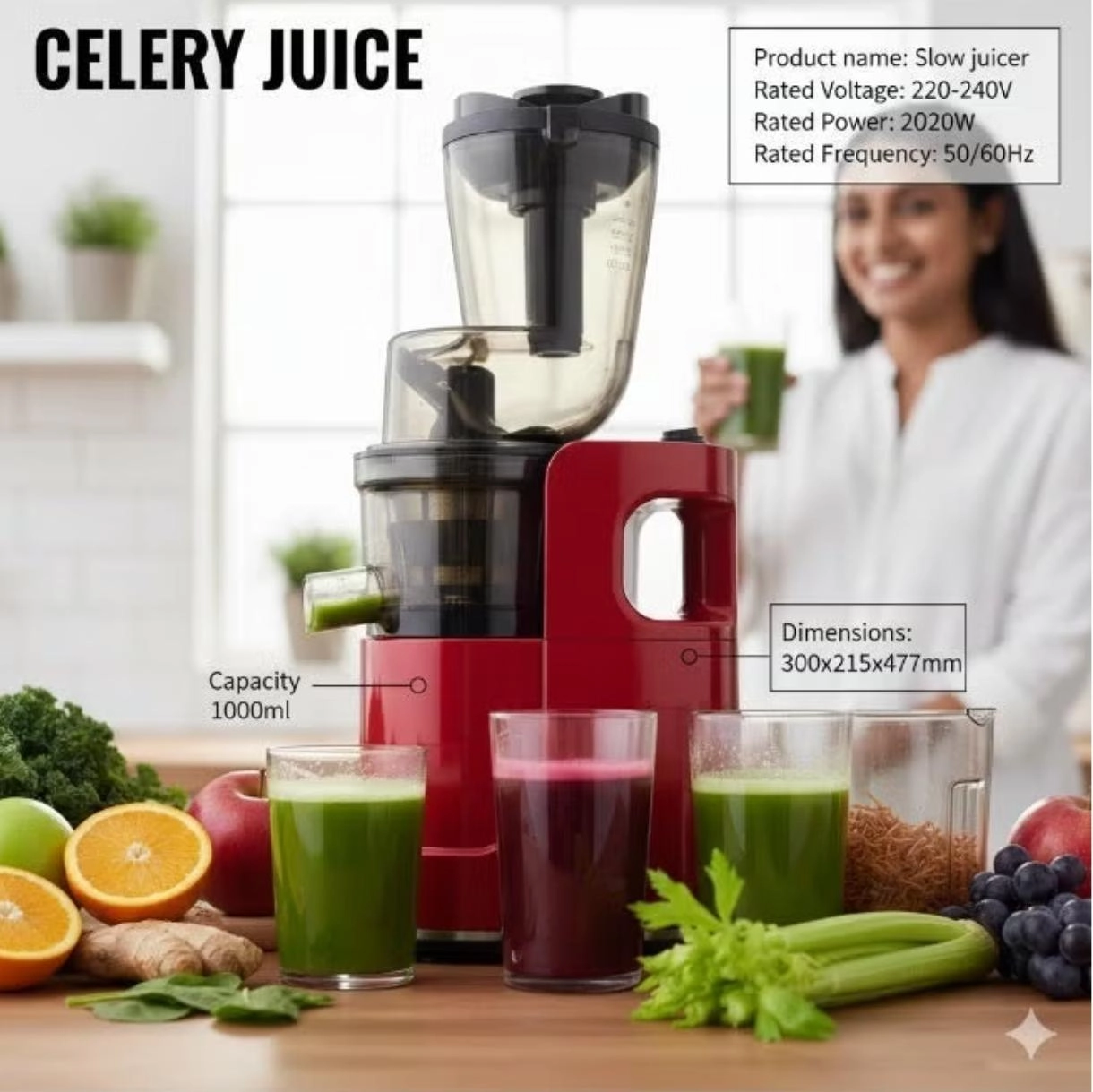 Digital Juicer Blender - 85mm Wide Chute 1.5L Juice Cup 2L Pulp Container
