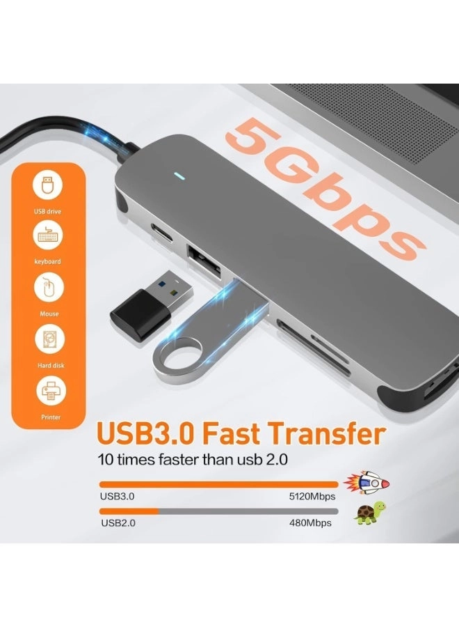 USB C Hub Docking Station - 6-in-1 4K@60Hz 60W Power Delivery