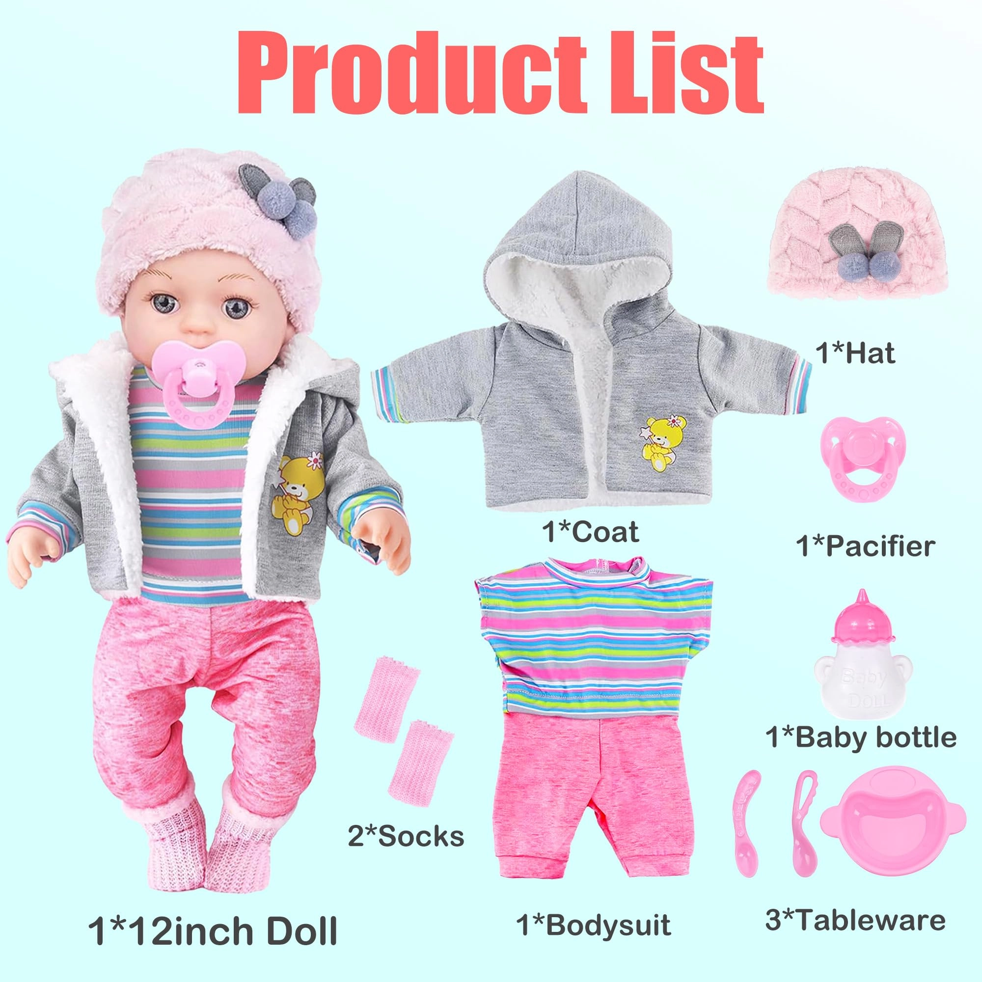 Realistic Baby Doll - 12 Inch Outfits Feeding Accessories Ages 3+