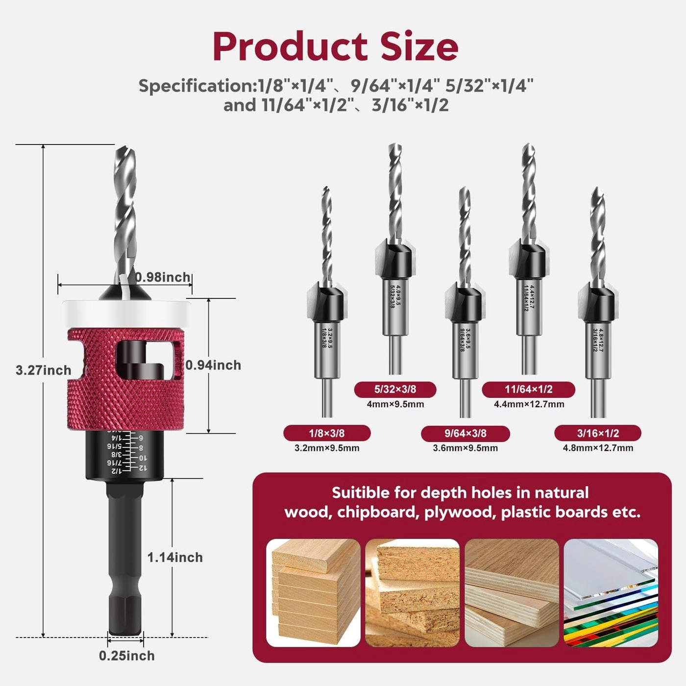 Countersink Drill Bit Set - HSS M2 Carbide 5 Pcs 1/4” Hex Shank