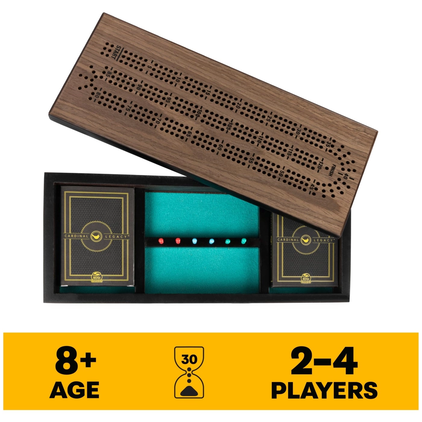 Deluxe Cribbage - Lined Wooden Case 6 Metal Movers