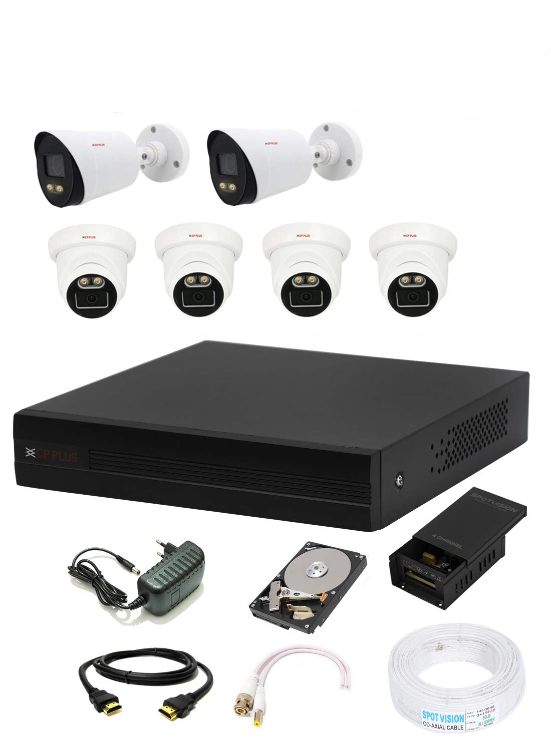 8 Channal HD DVR + Outdoor Camera + Indoor Camera + Hard Disk - 1 TB + Wire Bundle + 8 CH Power supply + HDMI Cable + Bnc & Dc Connectors