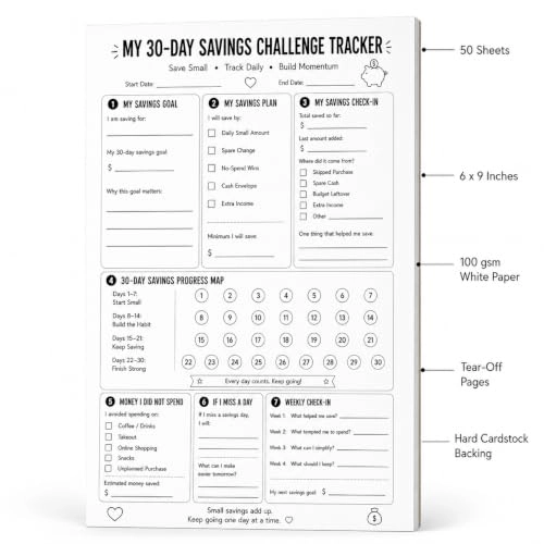 30-Day Savings Challenge Tracker Notepad 6 x 9 Softcover - 50 Sheets