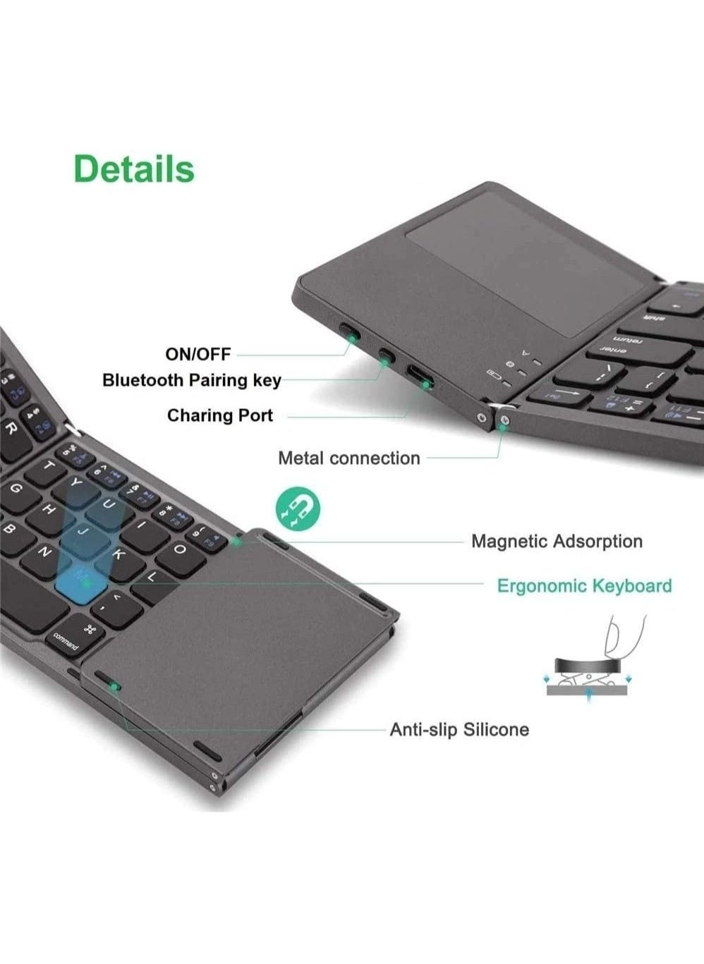 Bluetooth Keyboard - Foldable Rechargeable Built-in Touchpad Compatible with iPhone/iPad