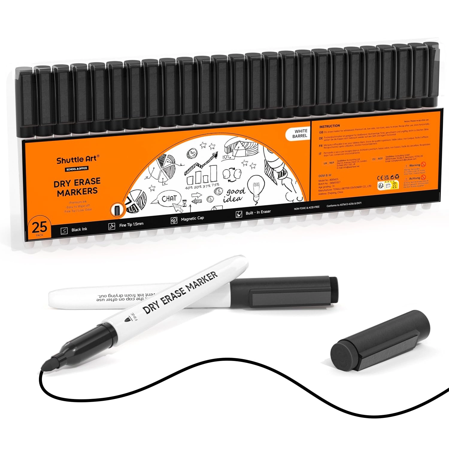 Shuttle Art Dry Erase Markers - Black Fine