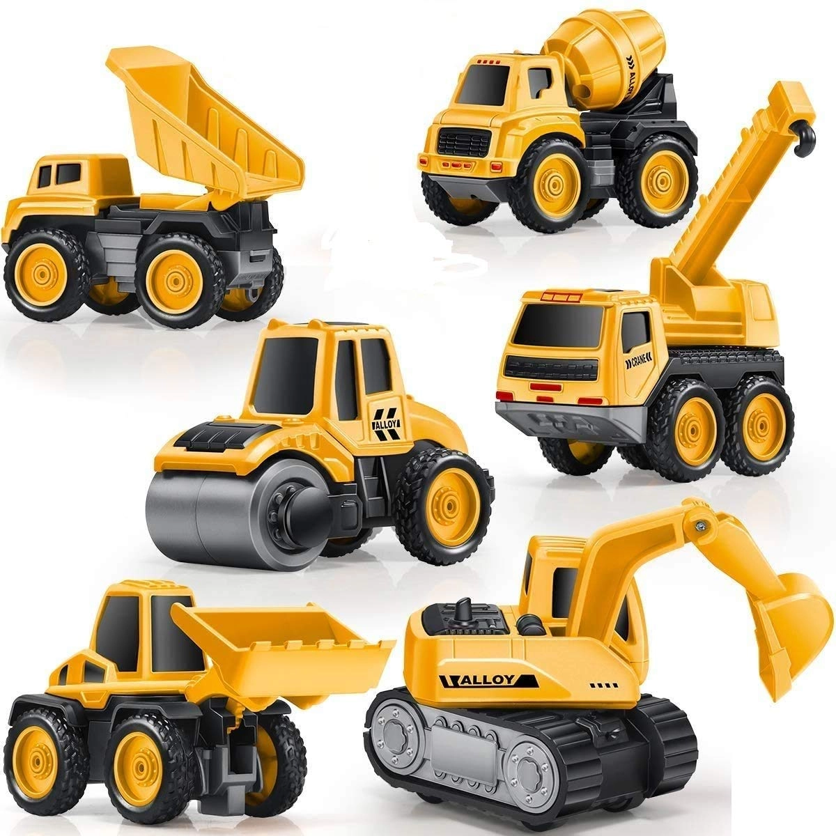 PLUSPOINT Roller - 6Pc Diecast Pull-Back + Crane + Excavator + Dumper + Mixer + Bulldozer