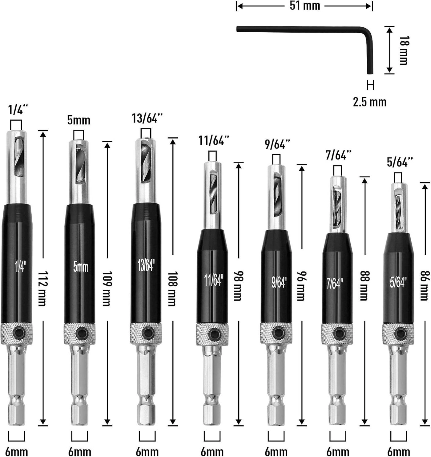 Vix Bits Self Centering Clic Change Door Hinge Drill Bit Set - 4241 high-speed steel 7 piece(s) 5/64" 7/64" 9/64" 11/64" 5mm 13/64" 1/4"