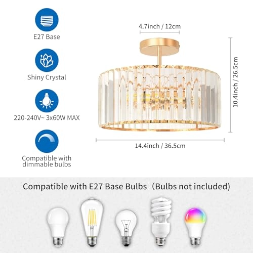 E27 Crystal Ceiling Lamp - 3 lights 36.5 cm
