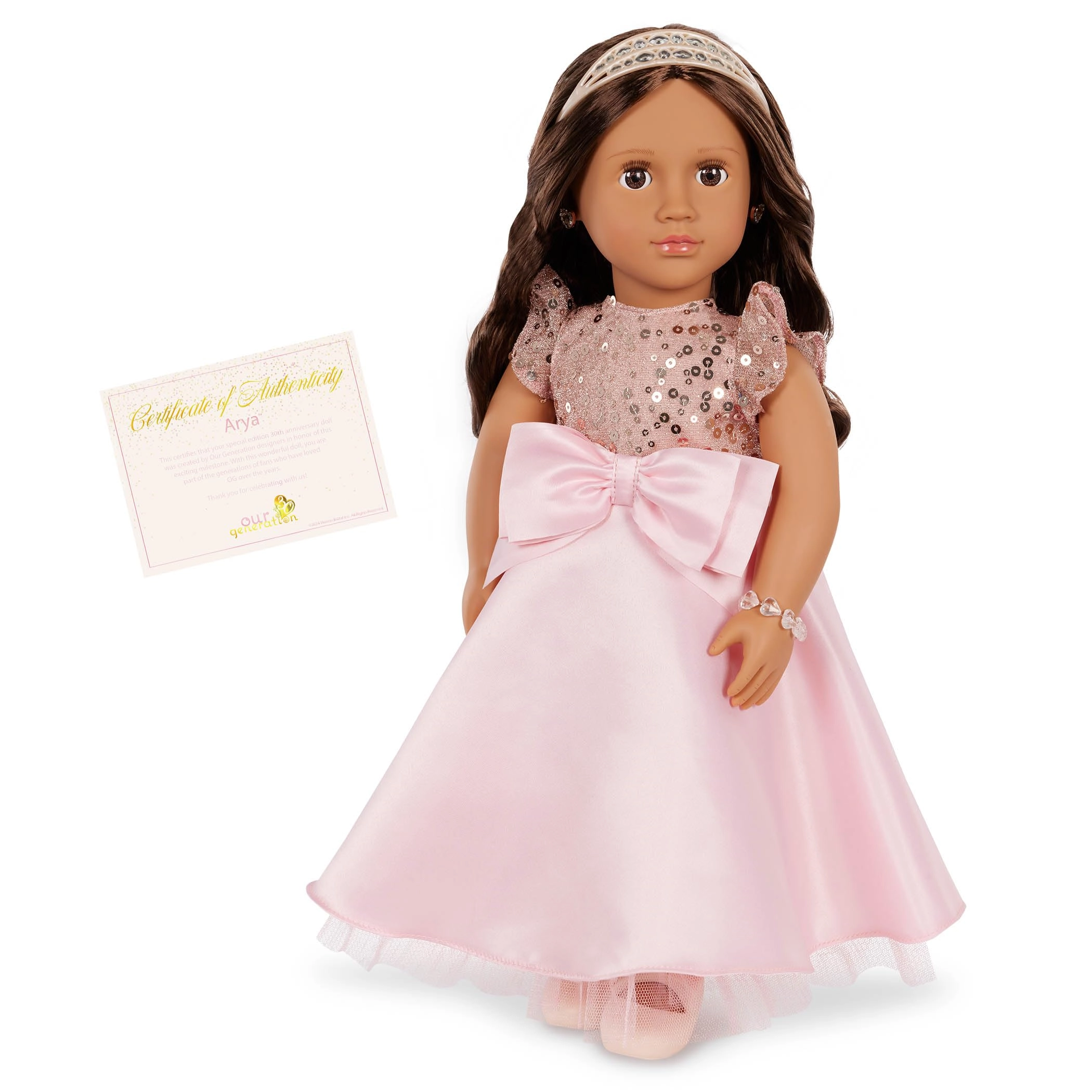 Our Generation Arya Collectible Doll - 18-inch Plastic Fabric Dark-brown Eyes Wavy Dark-brown Hair Pink Gown Jewelry Accessories Ages 3+
