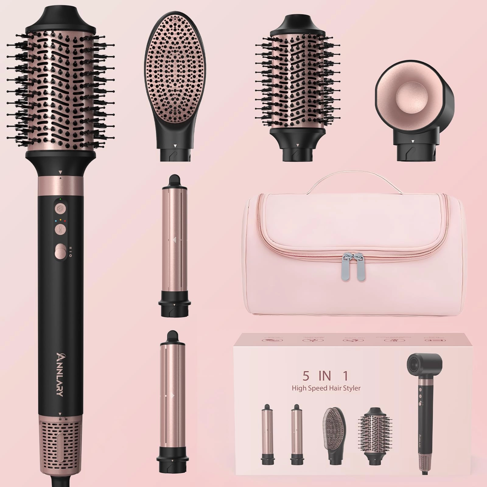 annlary 5 in 1 Ionic Hot Air Styler - 1400W Champagne Pink/Gold