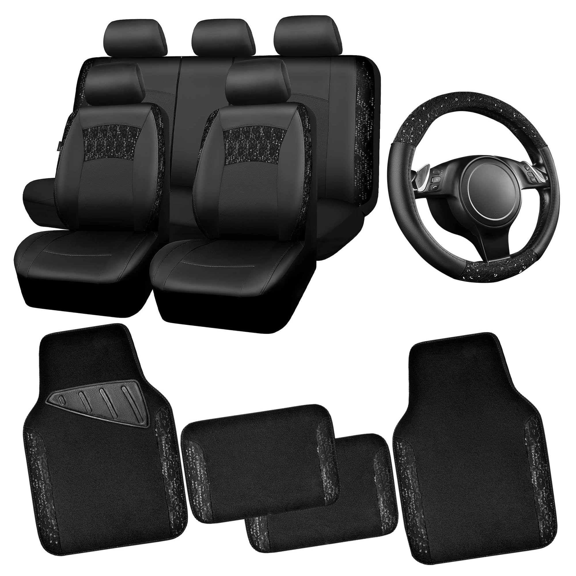 Car Seat Covers - Air Mesh Leather + Car Floor Mats - Waterproof + Steering Wheel Cover - Sporty