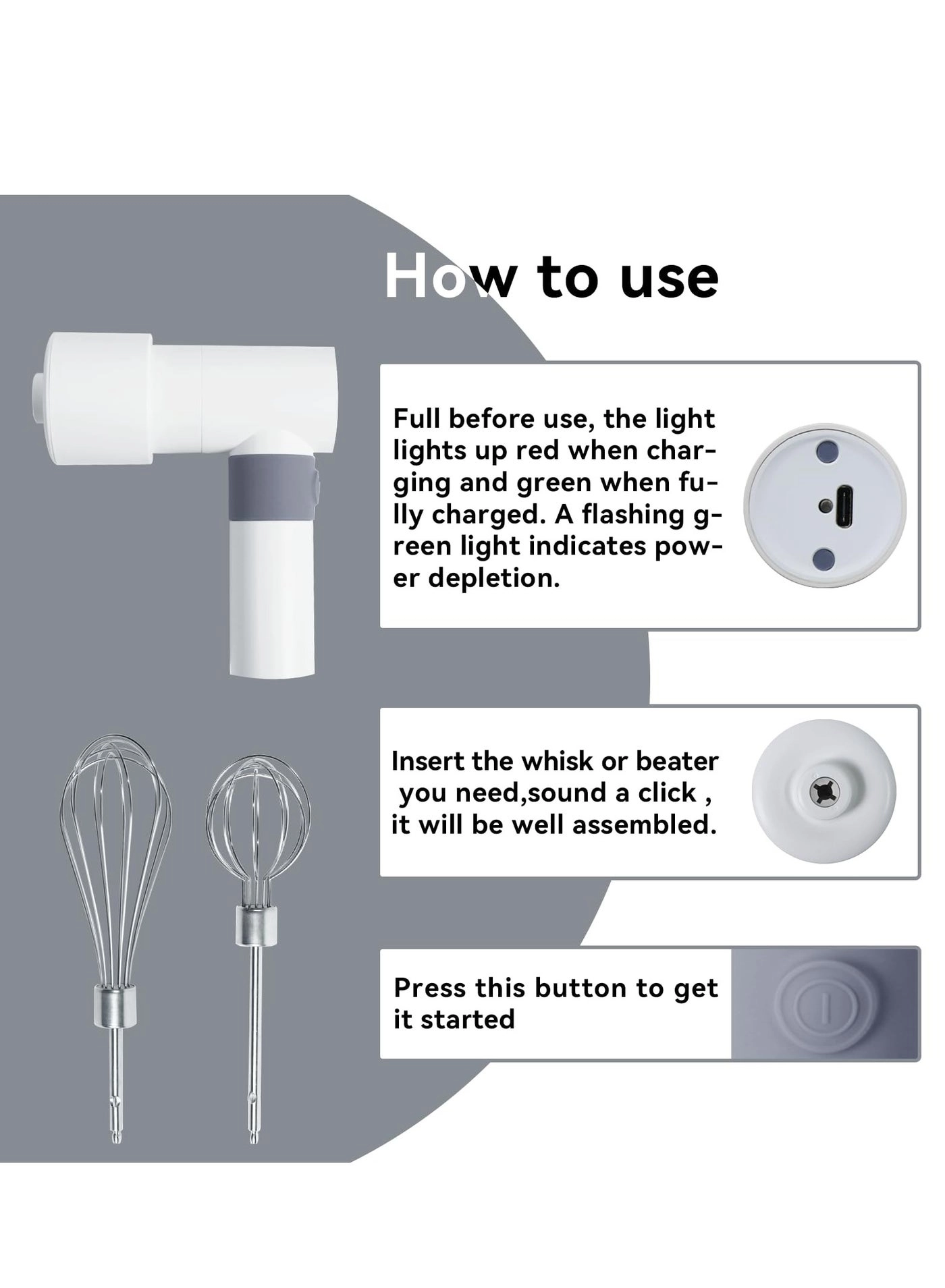 Electric Mixer - 2 Mixing Heads USB Rechargeable 304 Stainless Steel