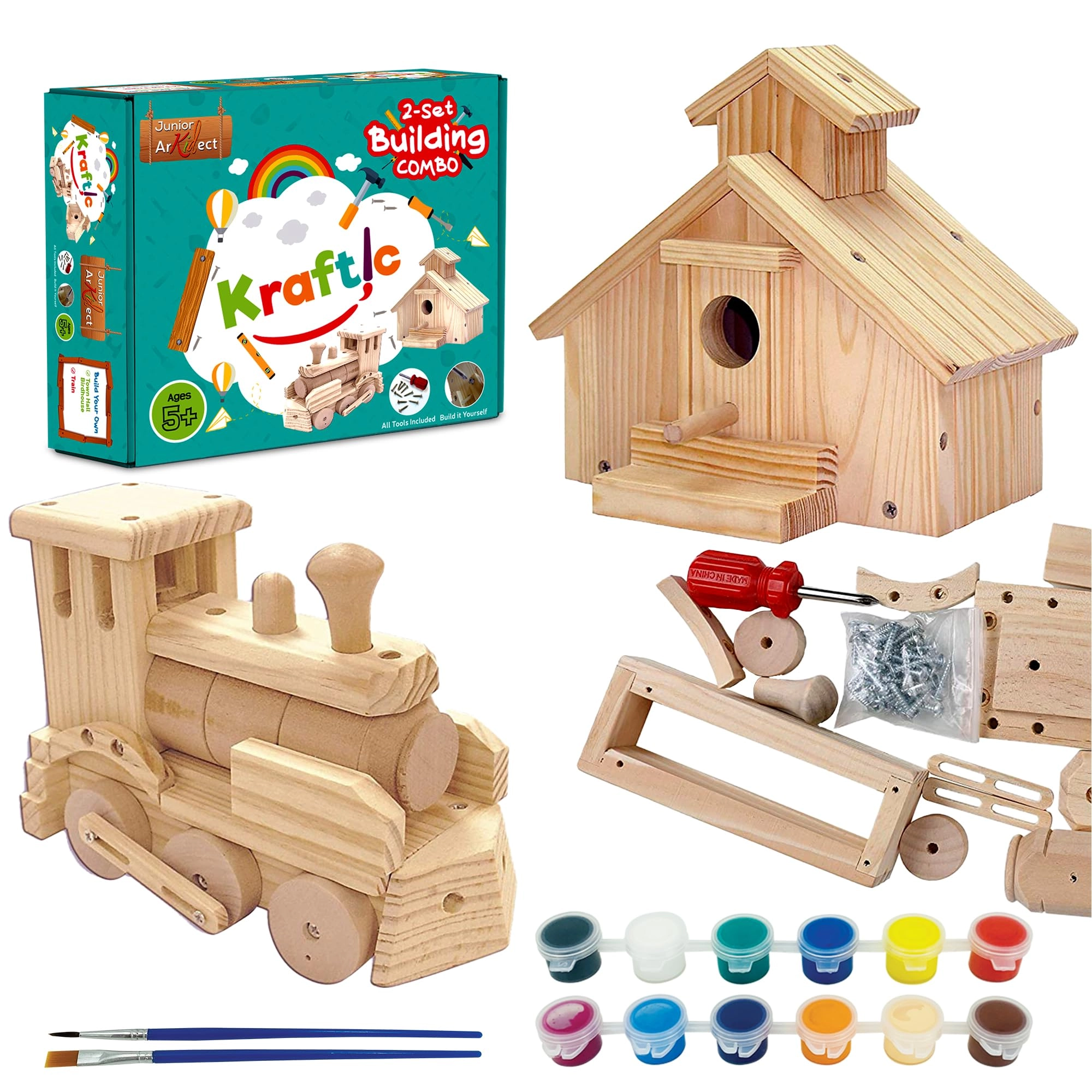 kraftic Woodworking Building Kit - Educational DIY Carpentry Wooden Town Hall Birdhouse and Train