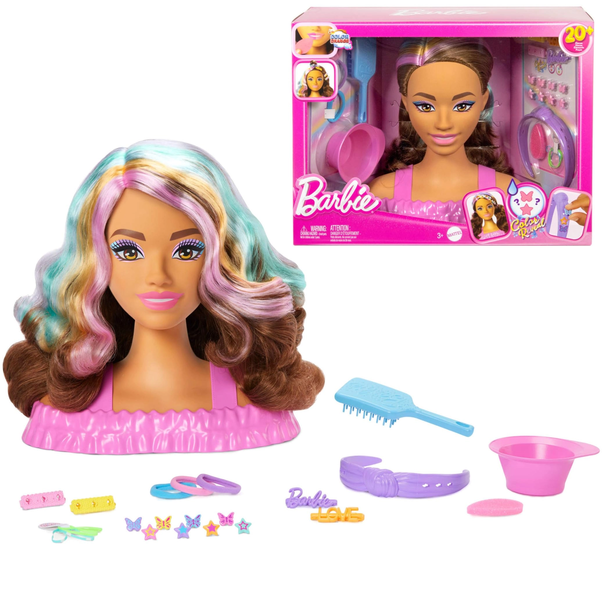 Doll Styling Head - Dark Brown Hair 20+ Hair Styling Accessories Ages 3+