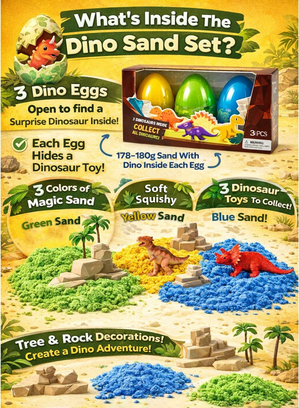 3-in-1 Dino Sand Game Moving Sand - 3 Dinosaur Egg Pots 178-180g