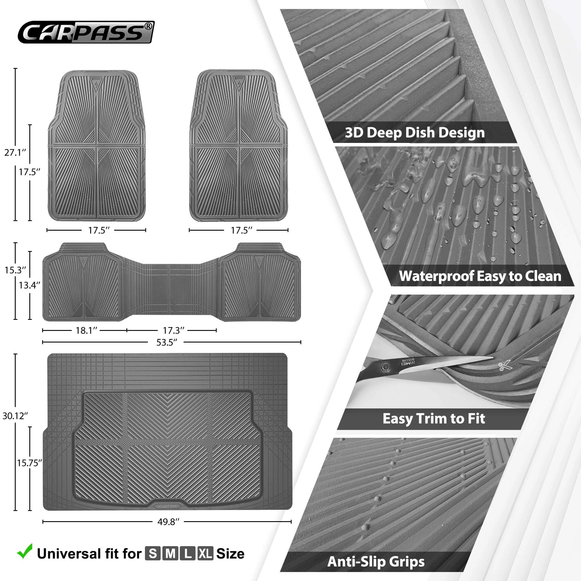 Rubber Floor Mats & Cargo Liner - Gray Universal Fit 5-Piece