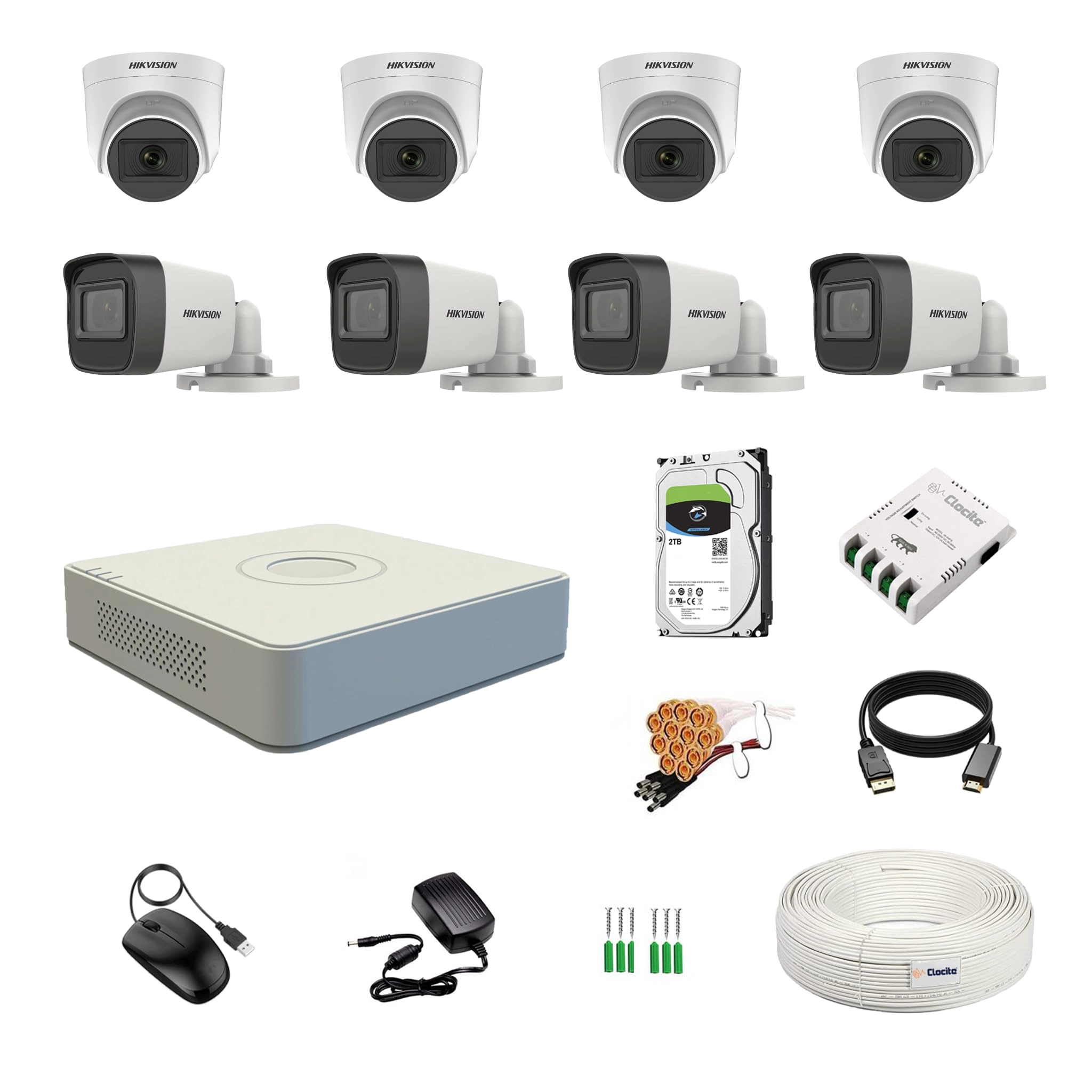 Prama Hikvision India Pvt.Ltd 8 Channel DVR + 5MP 4 Dome & 4 Bullet Cameras + 2TB HDD + Cable Roll + 8 CH Power Supply + BNC & DC Combo Kit