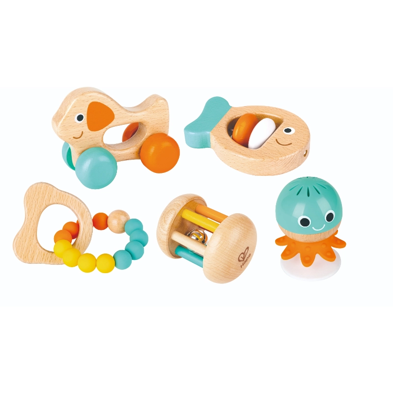 Hape Multi Stage Sensory Rattles And Teether - Suitable for 0 to 12 months wooden 5 Pcs