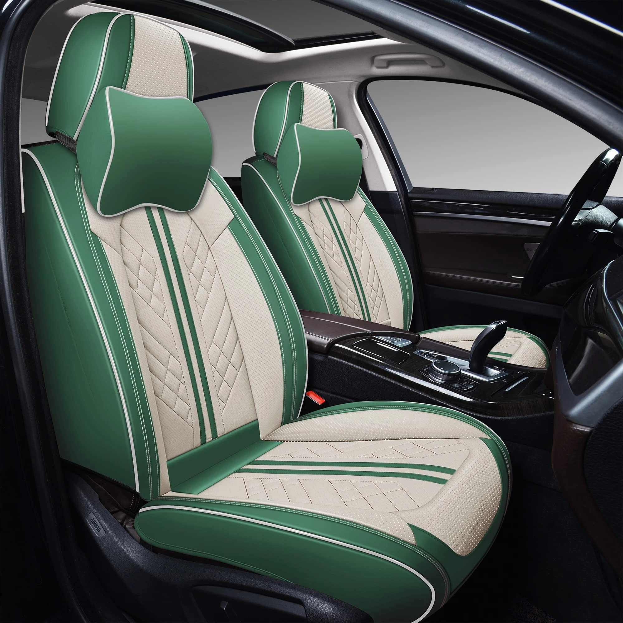 GXT Car Seat Covers - Front Seat 2 Pack Green and White Faux Leather
