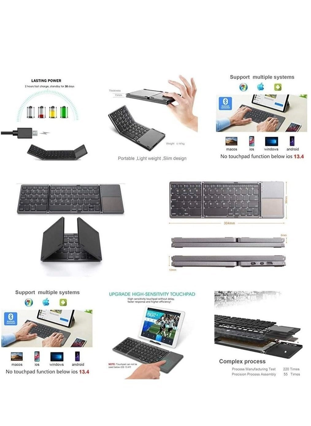Bluetooth Keyboard - Foldable Rechargeable Built-in Touchpad Compatible with iPhone/iPad