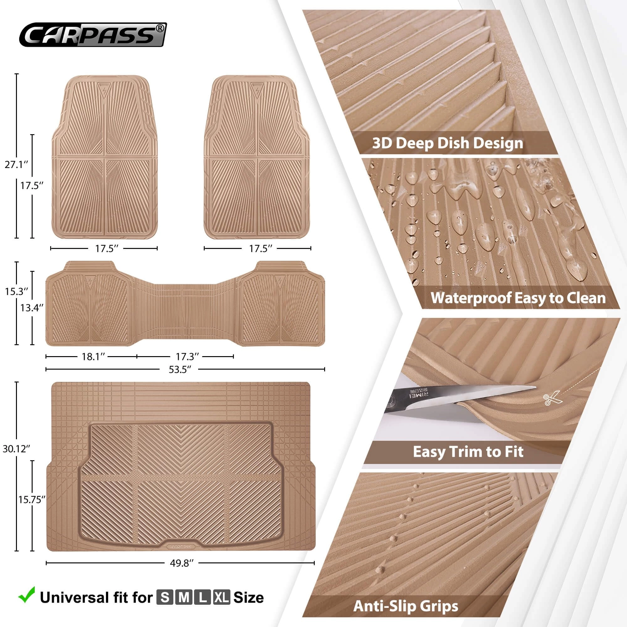Rubber Floor Mats & Cargo Liner - Gray Universal Fit 5-Piece