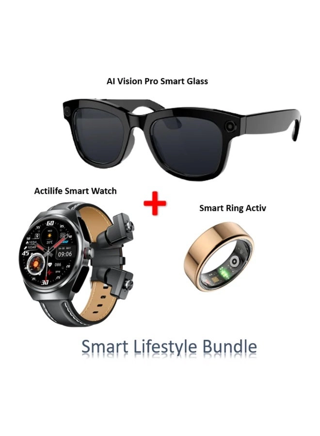 Smart Ring Active - 24/7 health tracking + Actilife Smart Watch - built-in TWS earbuds + Ai Vision Pro Smart Glasses - AI camera