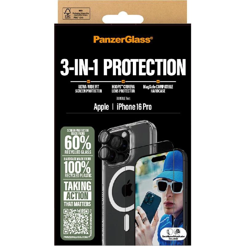 CARE MagSafe Case - 100% Recycled Plastic MagSafe + Ulta-Wide Fit Screen Protector - 60% Recycled Glass + Hoops Camera Lens Protector for iPhone 16 Plus