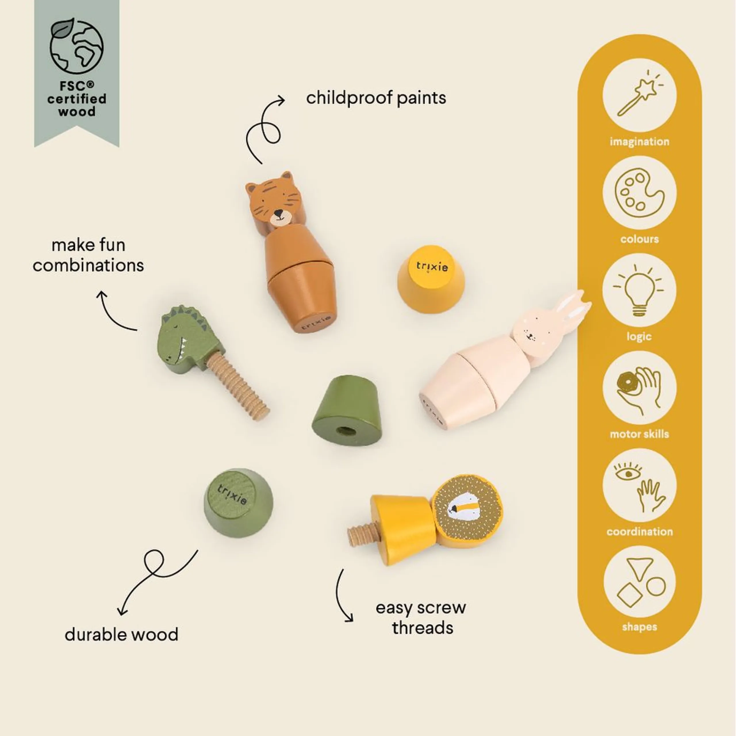 Wooden Twist Animals - Suitable For 18 Months & Above 4 pieces