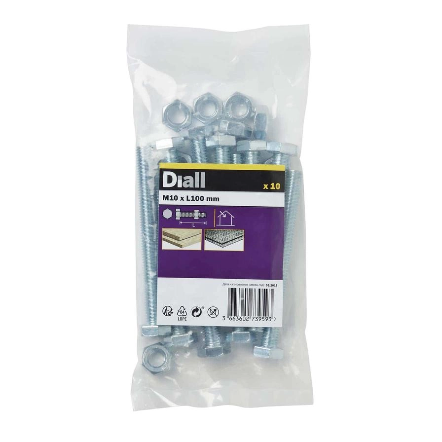 Diall M10 Hex Bolt & Nut - 100mm