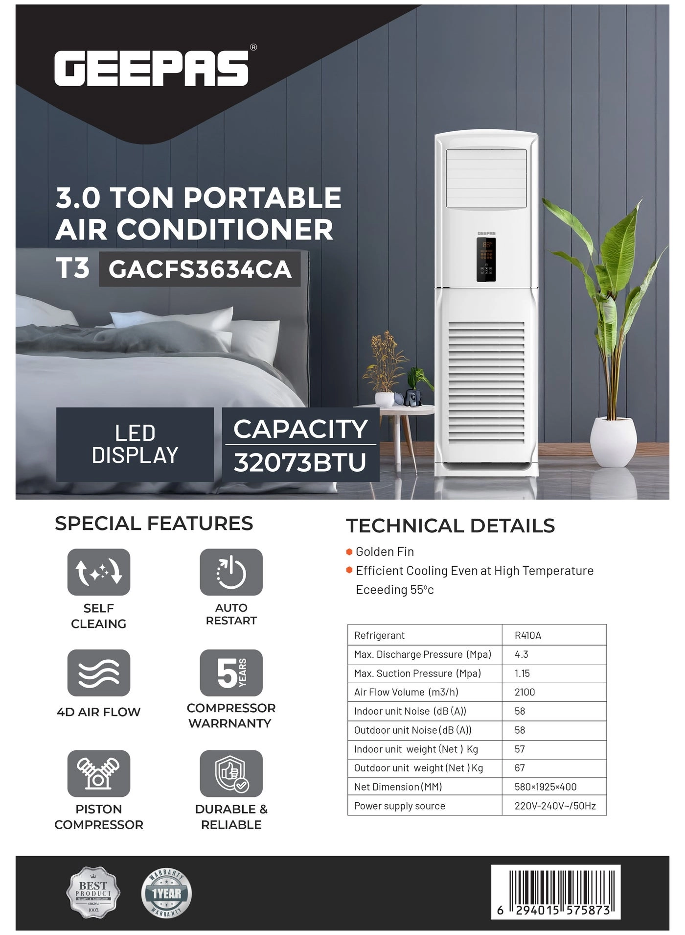 GACFS3634CA - 3 Tons Portable 32073 BTU