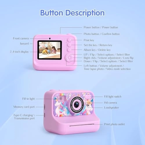 Kids Digital Camera - Instant Thermal Printer 4800W 1080p