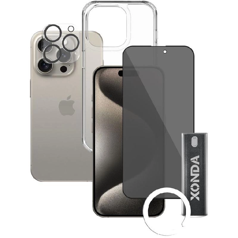 Clear Case + Tempered Glass + Camera Lens Cover + Anti-bacterial Spray for iPhone 15
