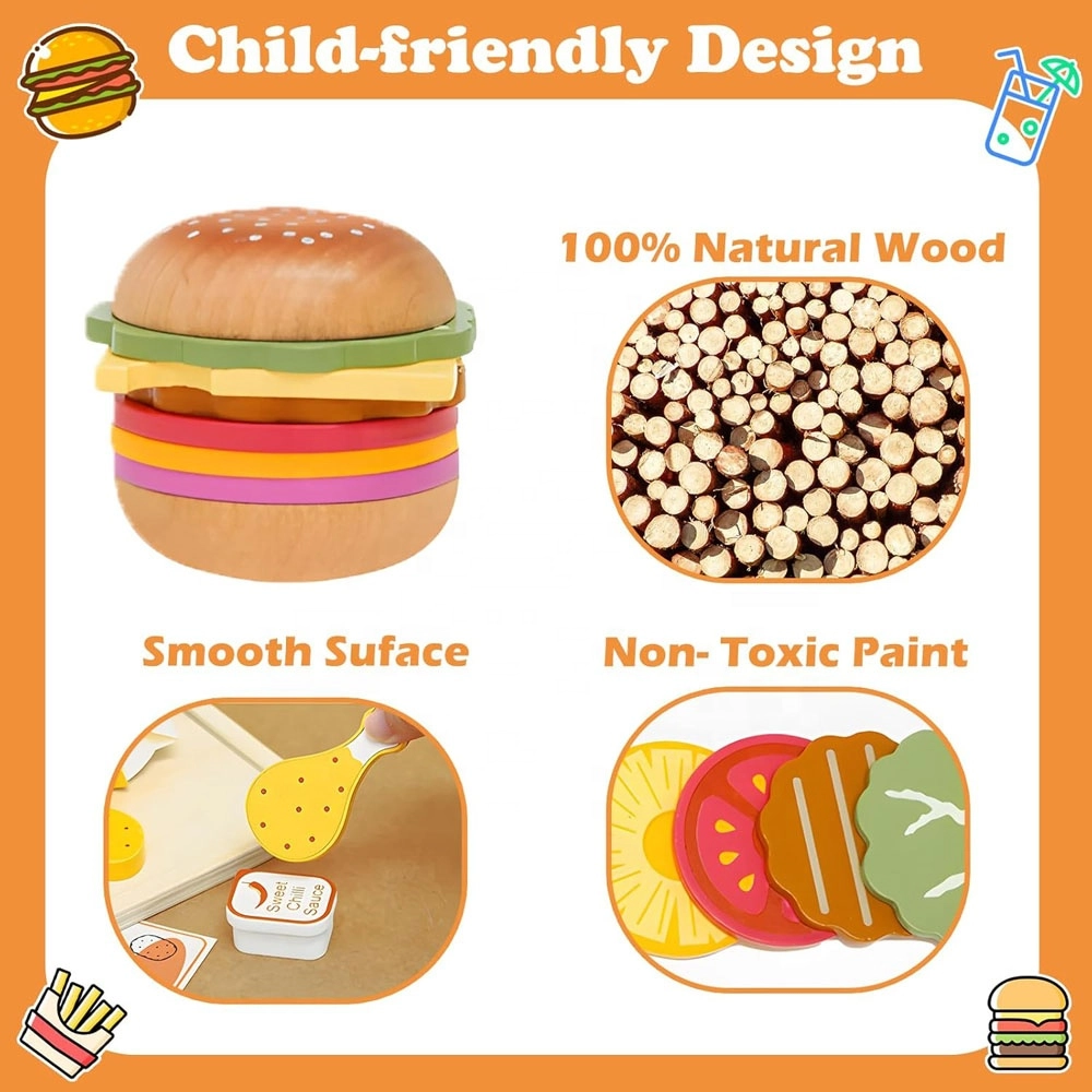 Kids Wooden Fast Food Burger & Fries Playset - 15+ Pcs