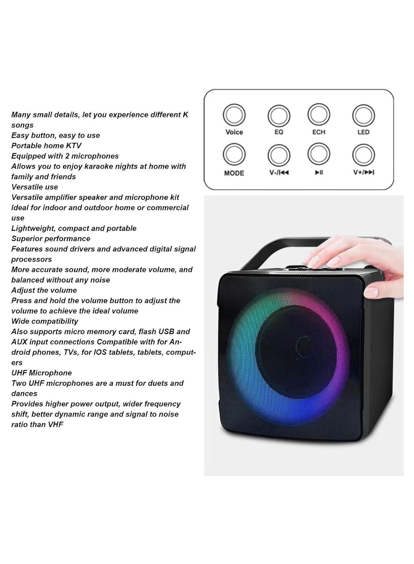 SD-508 - Mini Karaoke Bluetooth Speaker LED Lights Built-In Microphone