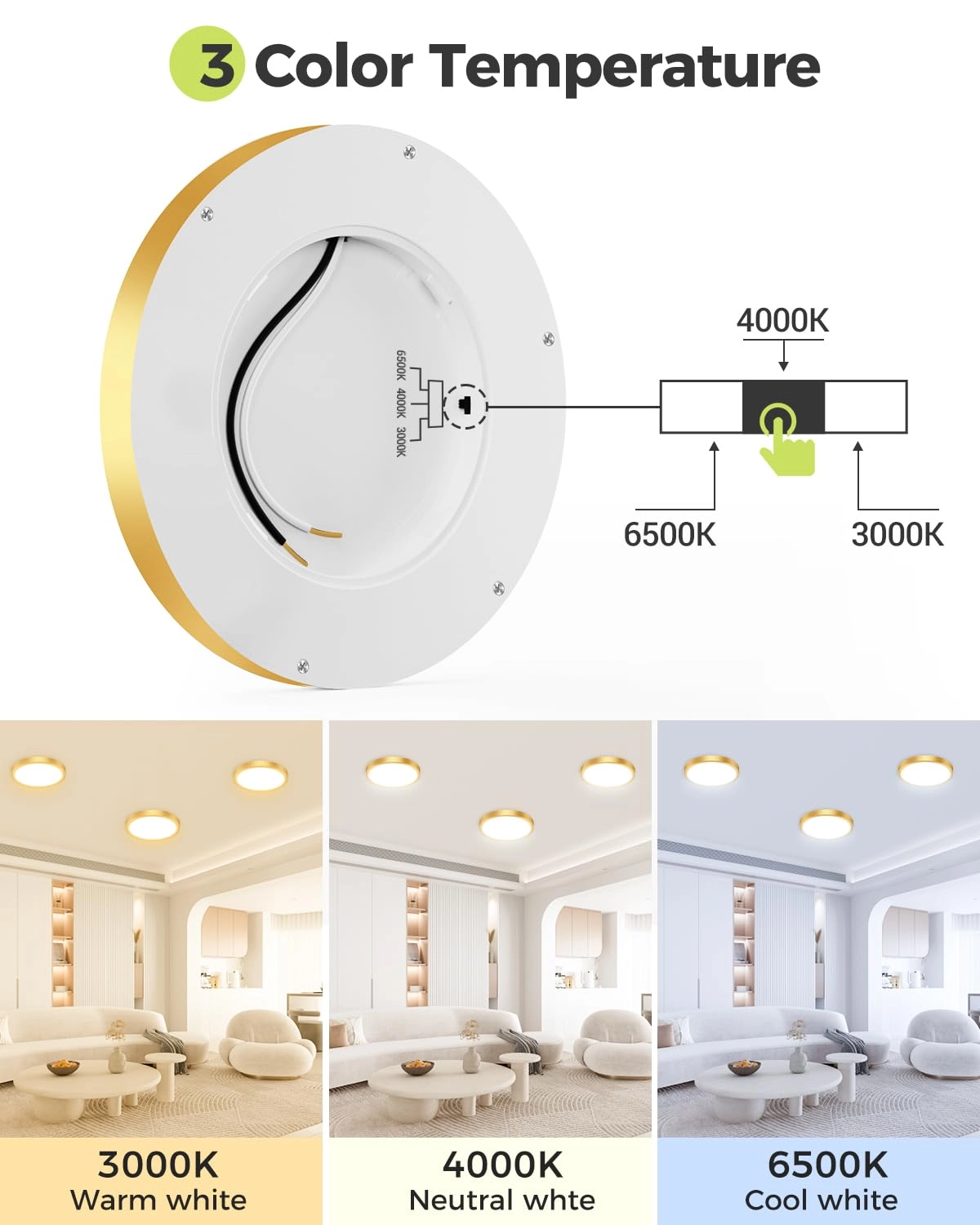 Flush Mount LED Ceiling Light - 3000K 4500K 6000K Dimmable