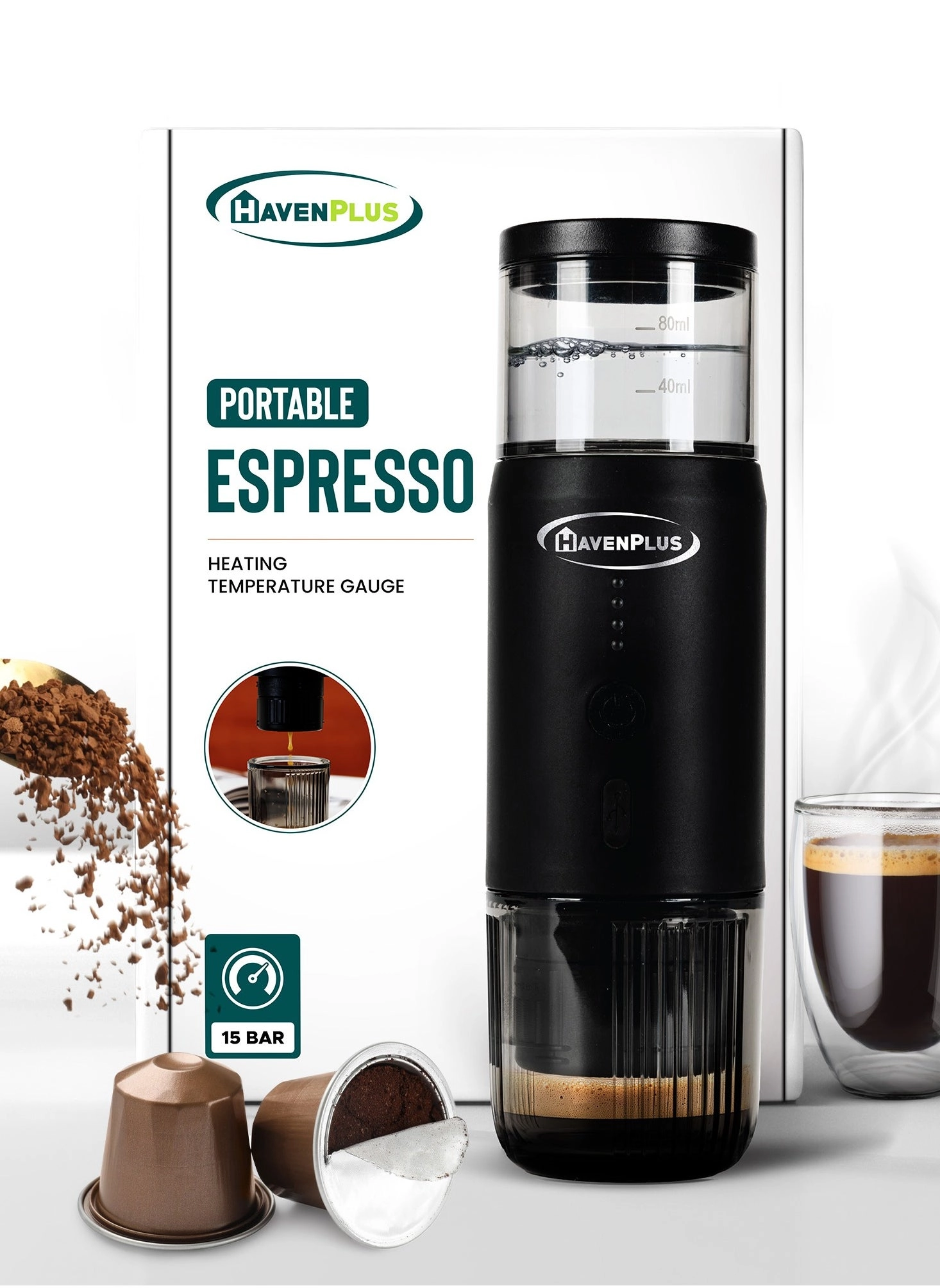 HavenPlus Portable Espresso Machine Rechargeable 15-Bar 7500mAh 152992