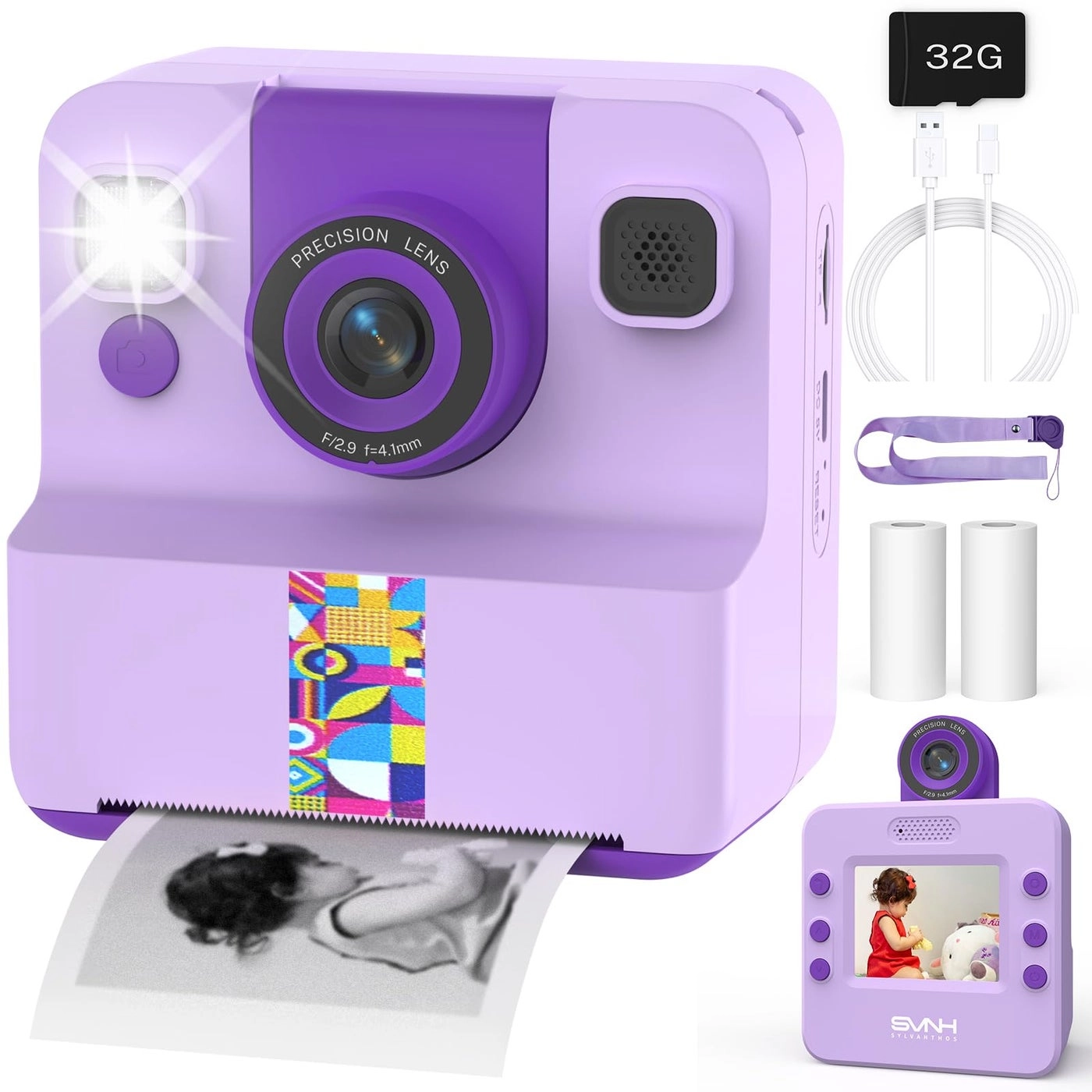 Sylvanthos Kids Camera Instant Print - 180° Rotating Selfie Lens 32GB SD Card