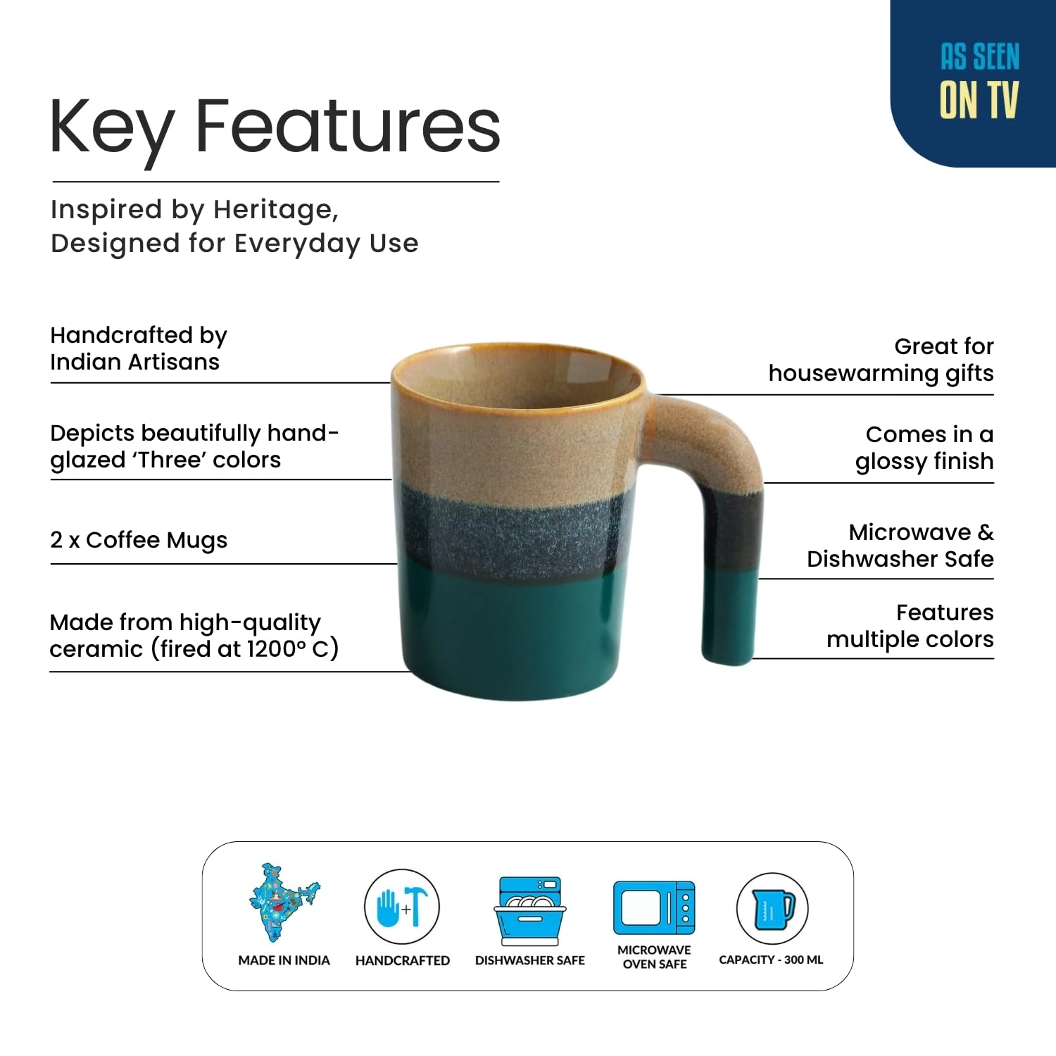 Two-Toned Glazed Ceramic Coffee Mug - 2 pcs Hue & Handle 300 ml