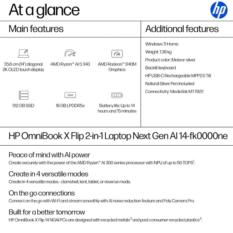 OmniBook X Flip 14-fk0013ne - 14'' Ryzen AI 7 350 32GB 1TB SSD