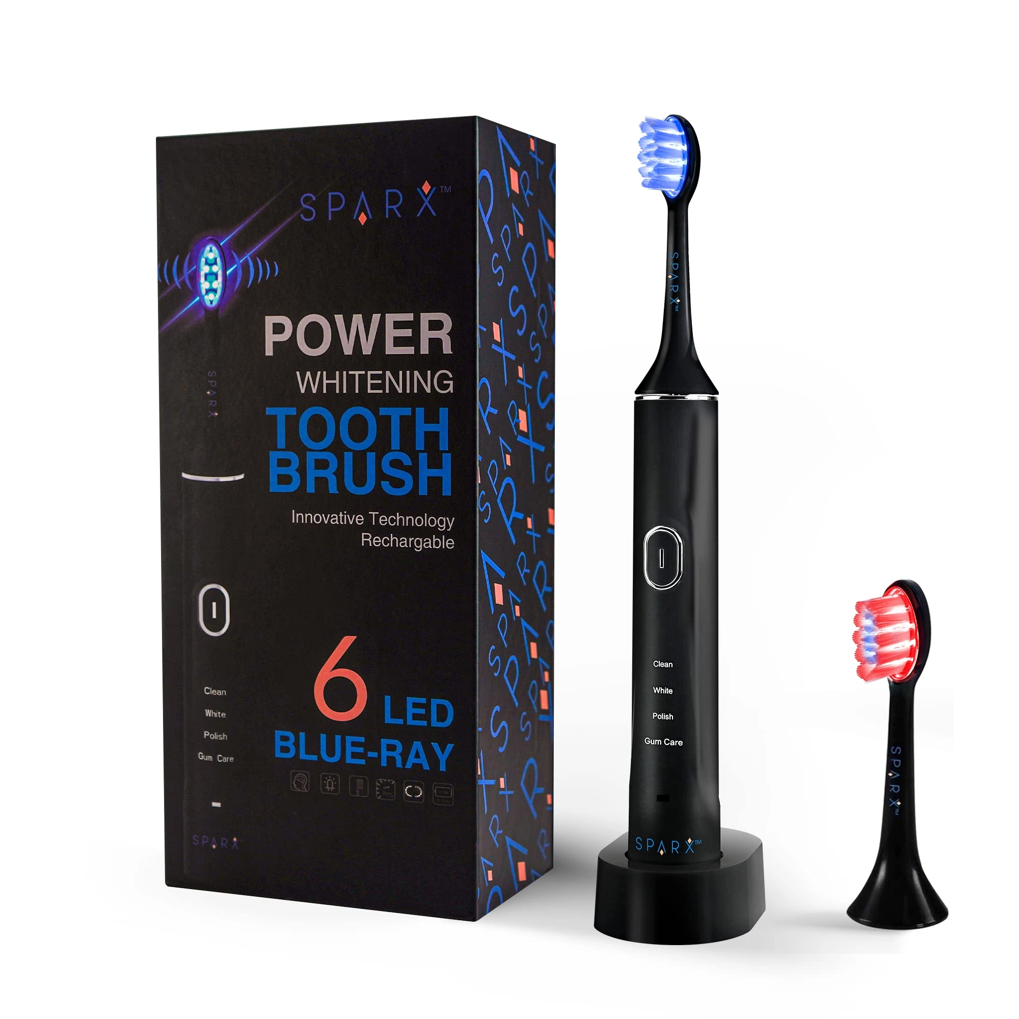 SPARX Power Whitening Electric Toothbrush - Rechargeable Ultrasonic 2 LED Brush Heads