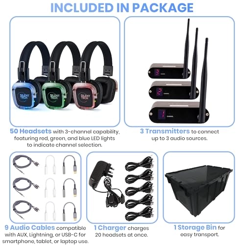 LED Wireless Headphones - 50 + 3-Channel Transmitters + Charging Station - 20