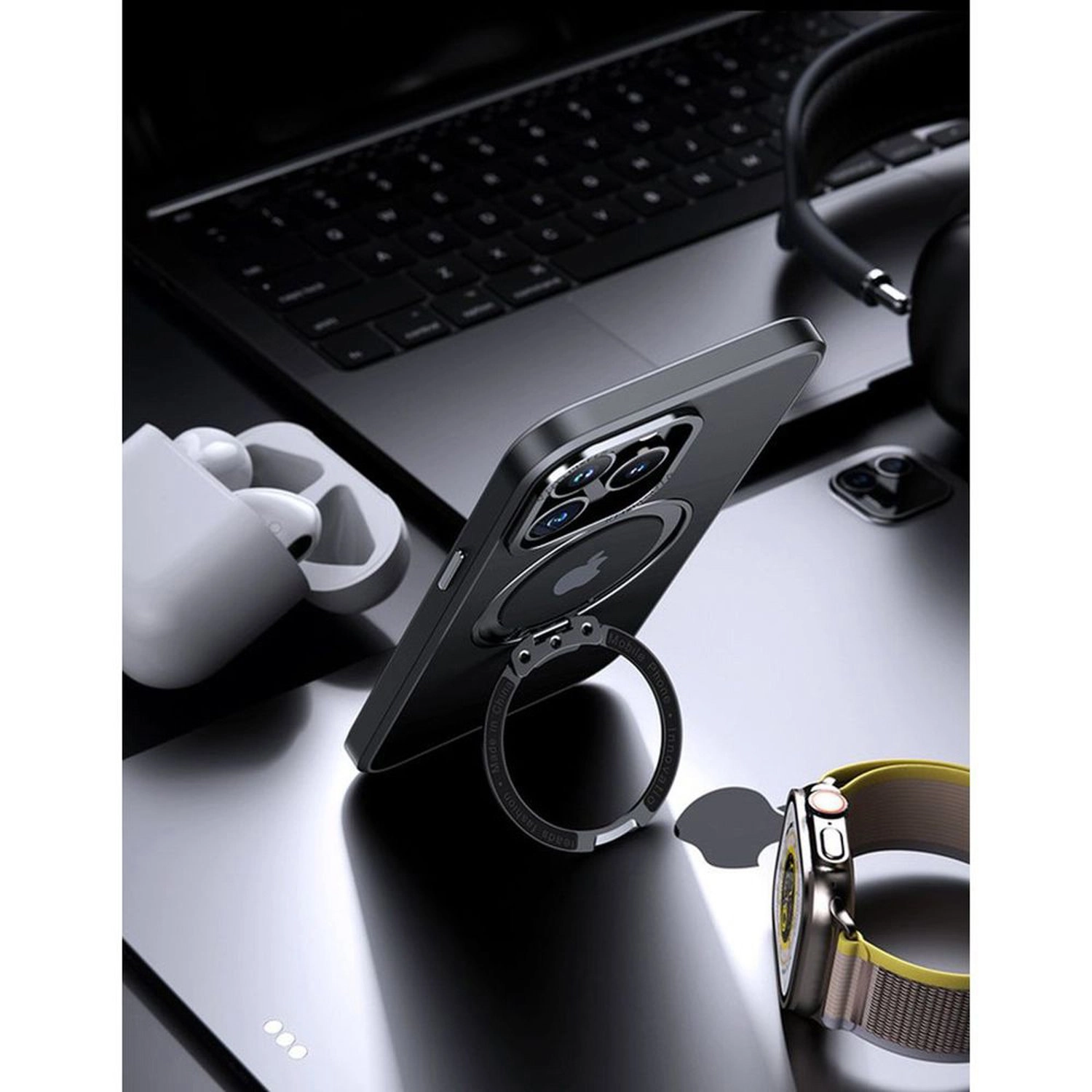 MagSafe Ring Stand Case With Screen Protector for iPhone 15 Pro