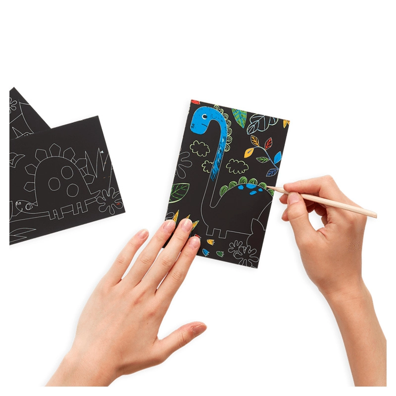 Mini Scratch & Scribble Art Kit - 4 illustrated scratch cards (4 x 6 inches) 2 rainbow DIY blank scratch cards (4 x 6 inches) 1 wooden stylus