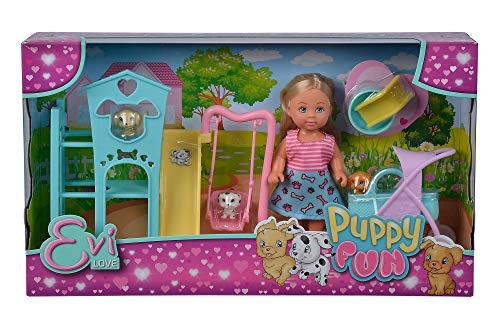 Evi Love Puppy Fun Doll - Three Cute Puppies Swing, Slide and 2-in-1 Buggy 12 cm Ages 3+