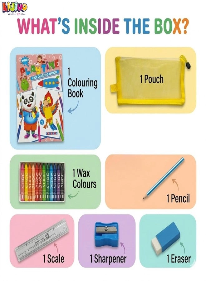 Colouring Book + Pouch + Pack of Wax Colours + Pencil + Sharpener + Eraser + Scale - 1 Colouring Book, 1 Pouch, 1 Pack of Wax Colours (12 Shades), 1 Pencil, 1 Sharpener, 1 Eraser, 1 Scale