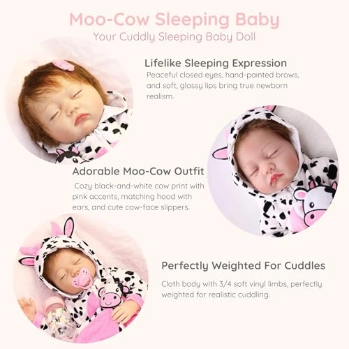 Reborn Baby Doll - 22 Inch Vinyl Sleeping Moo-Cow Ages 6+ Gift Set