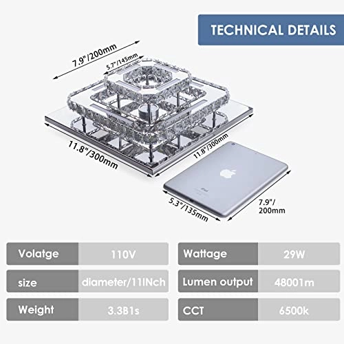 Modern Crystal Semi Flush Mount LED Ceiling Light - 3000K 4000K 6000K Dimmable