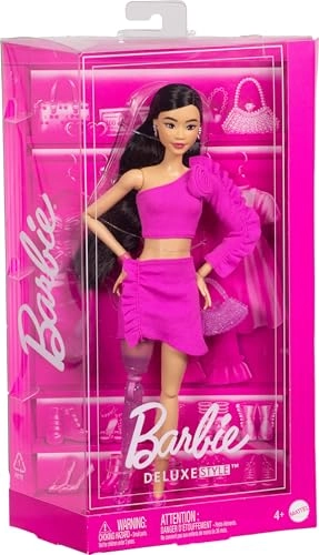 Barbie Deluxe Style Doll - Glittery Prosthetic Leg Black Hair Pink Top And Skirt Set Ages 4+